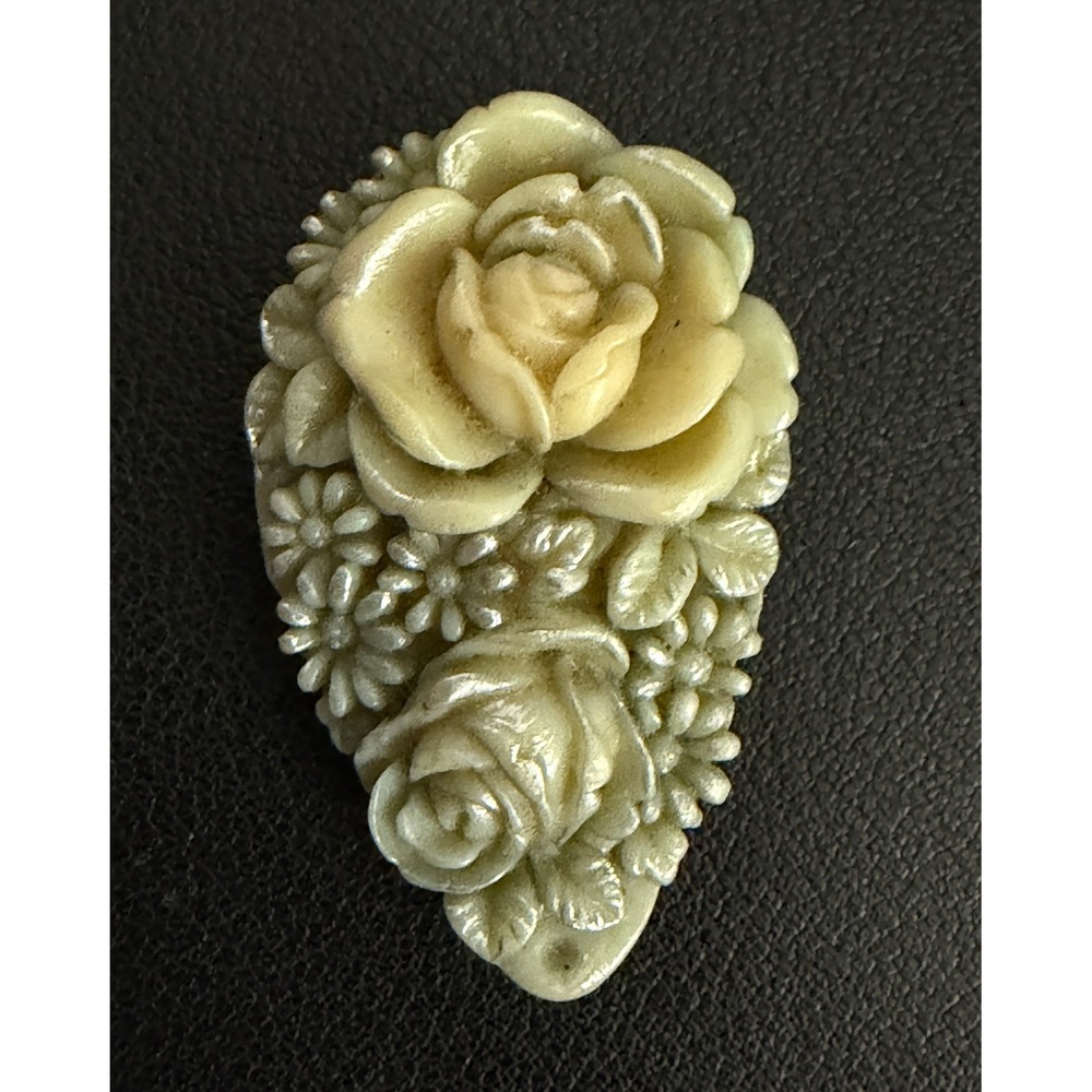Vintage Celluloid Dress Clip Floral Rose Green Cream